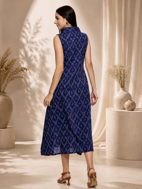 Indigo_Blue_Ikkat_Handloom_Cotton_Sleeveless_Pleated_Dress_For_Women