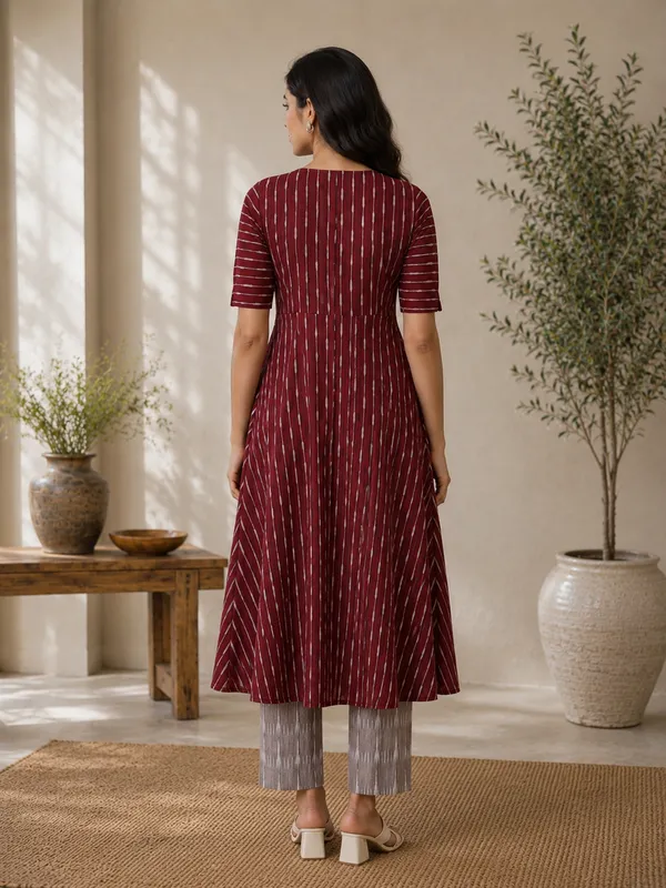 Maroon_Ikkat_Handloom_Cotton_A-Line_Striped_Kurta_Set_For_Women