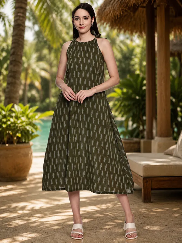 Olive_Ikkat_Handloom_Cotton_A-Line_Halter_Midi_Dress_For_Women