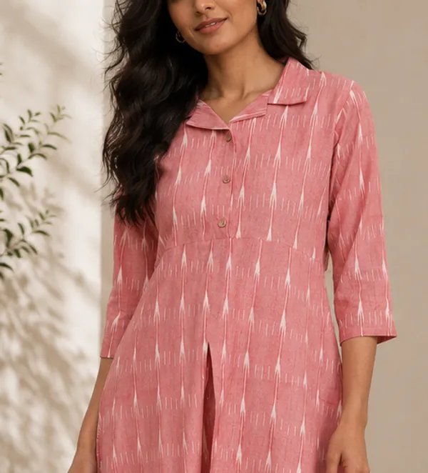 Pink_Ikkat_Handloom_Cotton_A-Line_Kurta_Set_For_Women