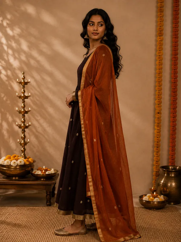 Brown_Handloom_Cotton_Flared_Anarkali_Kurta_Set_For_Women