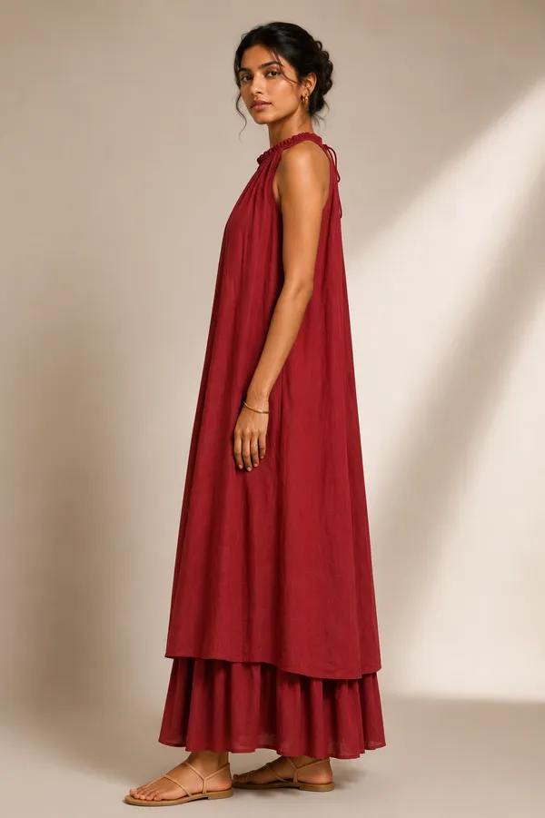 Maroon_Cotton_Halter_Neck_Layered_Maxi_Dress_For_Women