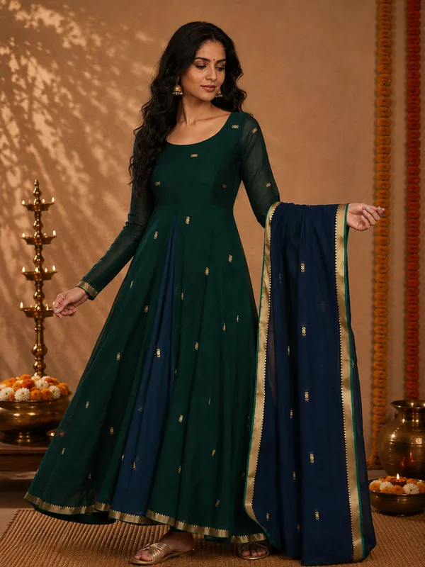 Green_And_Navy_Blue__Handloom_Cotton_Flared_Anarkali_Suit_Set_For_Women