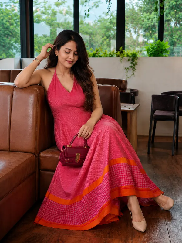 Red_And_Yellow_Ilkal_Handloom_Cotton_Flared_Halter_Neck_Dress_For_Women