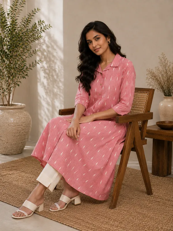 Pink_Ikkat_Handloom_Cotton_A-Line_Kurta_Set_For_Women