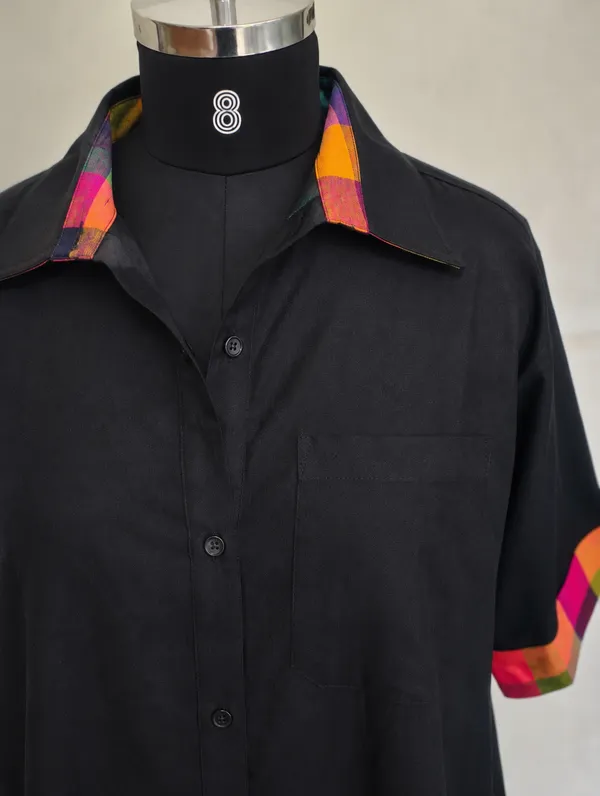 Black_Handloom_Cotton_Relaxed_Fit_Plaid_Trim_Shirt_Dress_For_Women