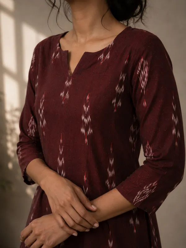 Maroon_Ikkat_Handloom_Cotton_A-Line_Kurta_Set_For_Women