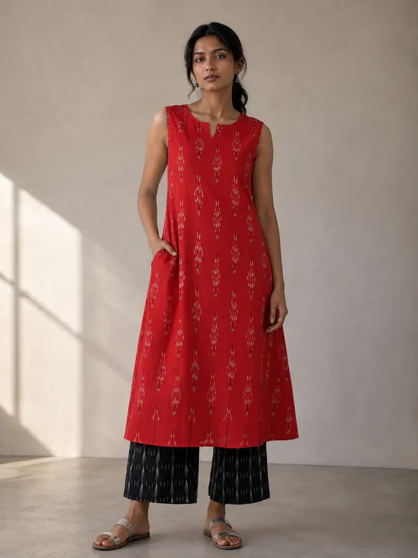 Red_Ikkat_Handloom_Cotton_Sleeveless_A-Line_Kurta_Set_For_Women