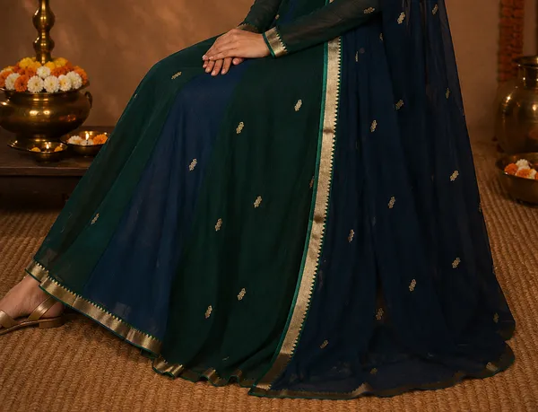 Green_And_Navy_Blue__Handloom_Cotton_Flared_Anarkali_Suit_Set_For_Women