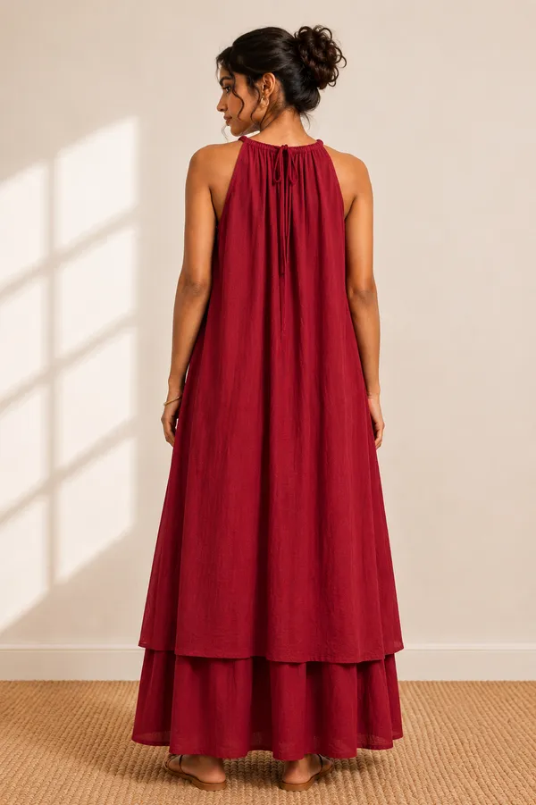 Maroon_Cotton_Halter_Neck_Layered_Maxi_Dress_For_Women