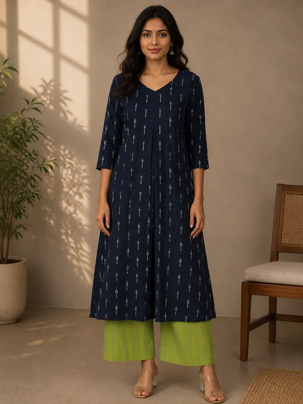 Navy_Blue_Ikkat_Handloom_Cotton_Flared_Kurta_Set_For_Women