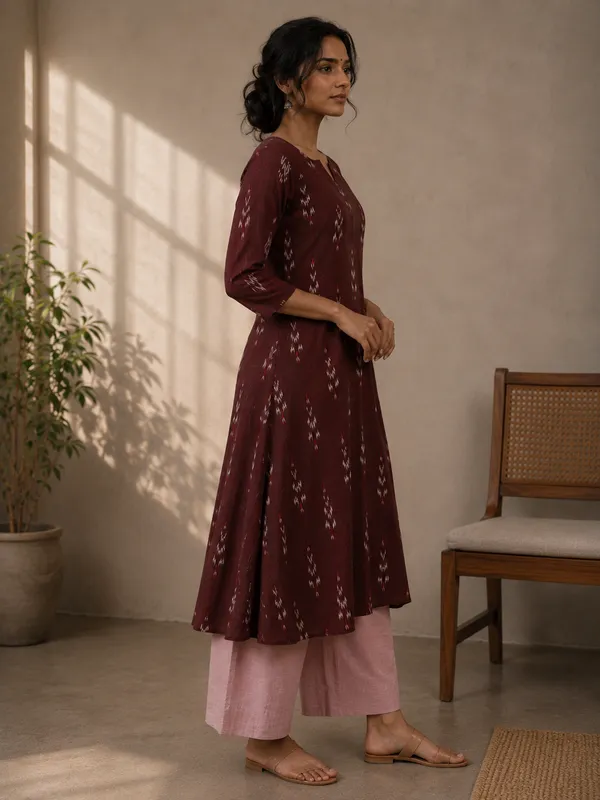 Maroon_Ikkat_Handloom_Cotton_A-Line_Kurta_Set_For_Women