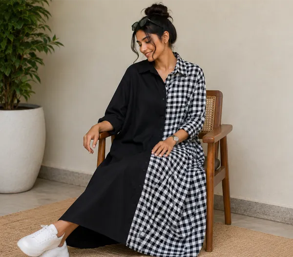 Black_And_White__Checked_Handloom_Cotton_Relaxed_Shirt_Dress_For_Women