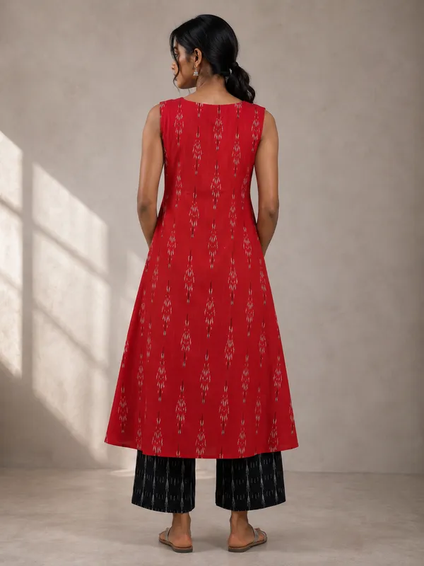 Red_Ikkat_Handloom_Cotton_Sleeveless_A-Line_Kurta_Set_For_Women