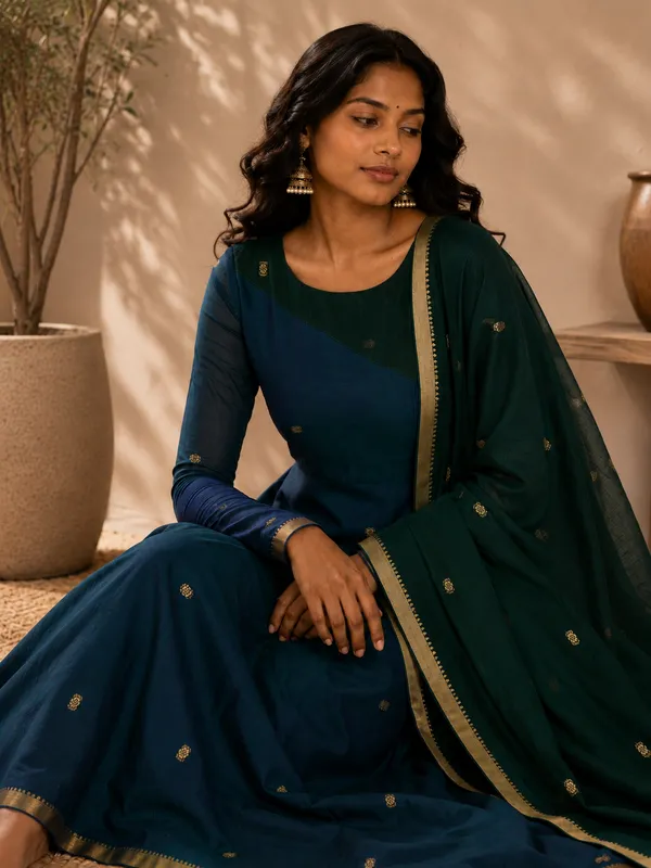 Blue_And_Green_Handloom_Cotton_Anarkali_Kurta_Set_For_Women