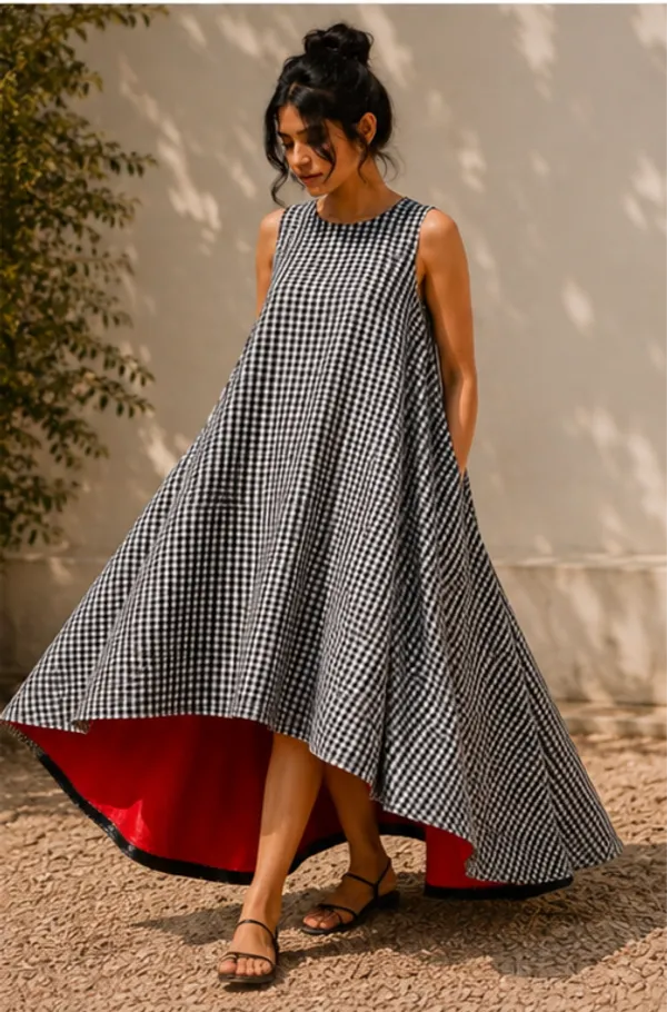 Black_Handloom_Cotton_Sleeveless_Gingham_A-Line_Dress_For_Women
