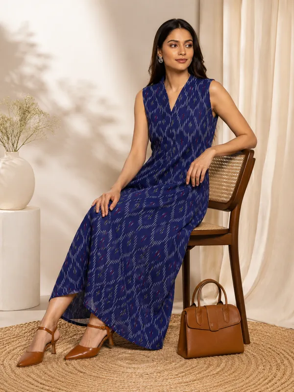 Indigo_Blue_Ikkat_Handloom_Cotton_Sleeveless_Pleated_Dress_For_Women