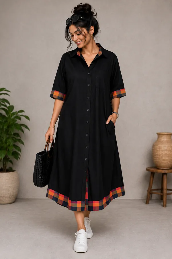 Black_Handloom_Cotton_Relaxed_Fit_Plaid_Trim_Shirt_Dress_For_Women