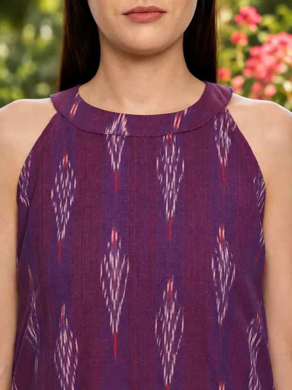 Purple_Ikkat_Handloom_Cotton_Sleeveless_A-Line_Dress_For_Women