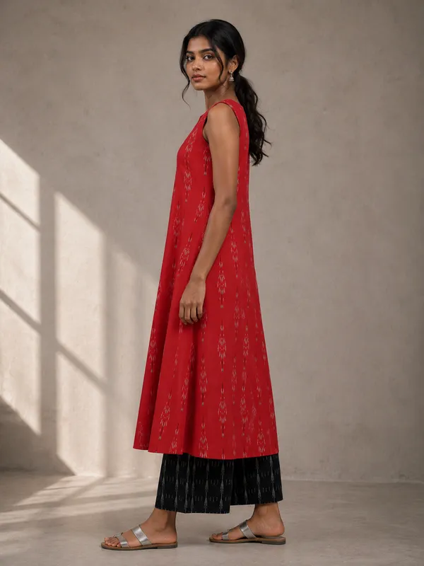 Red_Ikkat_Handloom_Cotton_Sleeveless_A-Line_Kurta_Set_For_Women