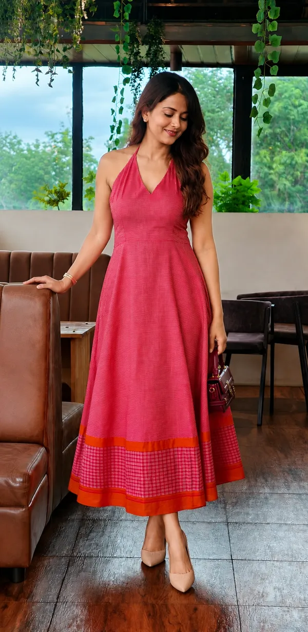 Red_And_Yellow_Ilkal_Handloom_Cotton_Flared_Halter_Neck_Dress_For_Women