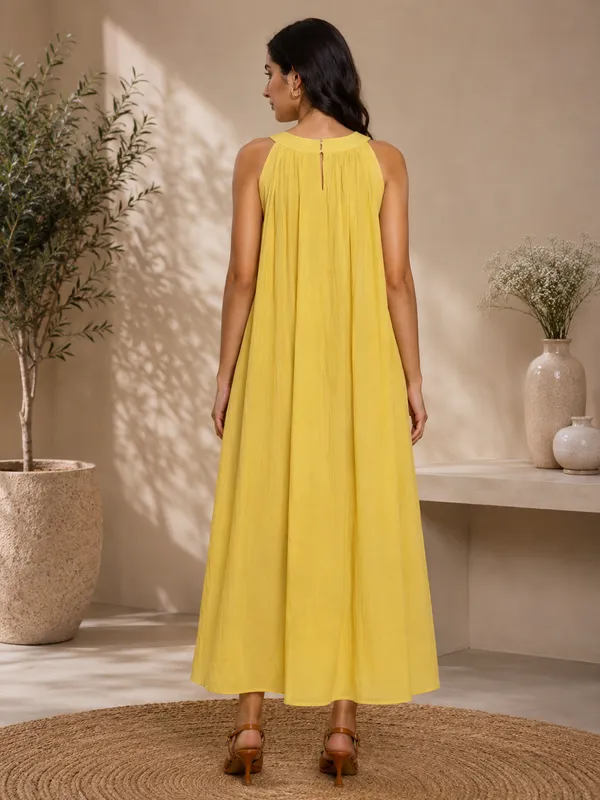 Yellow_Cotton_Sleeveless_A-Line_Pleated_Dress_For_Women