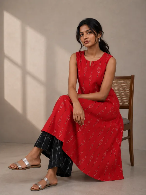 Red_Ikkat_Handloom_Cotton_Sleeveless_A-Line_Kurta_Set_For_Women