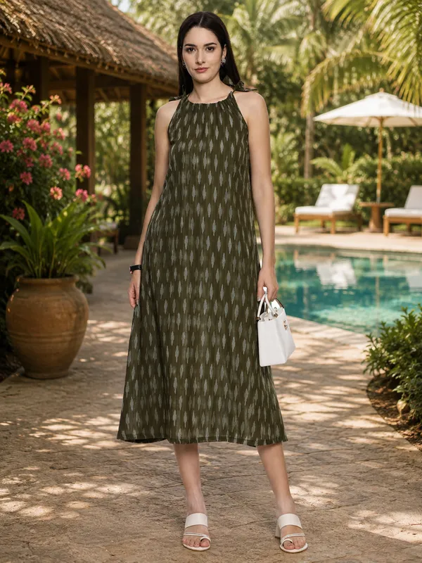 Olive_Ikkat_Handloom_Cotton_A-Line_Halter_Midi_Dress_For_Women