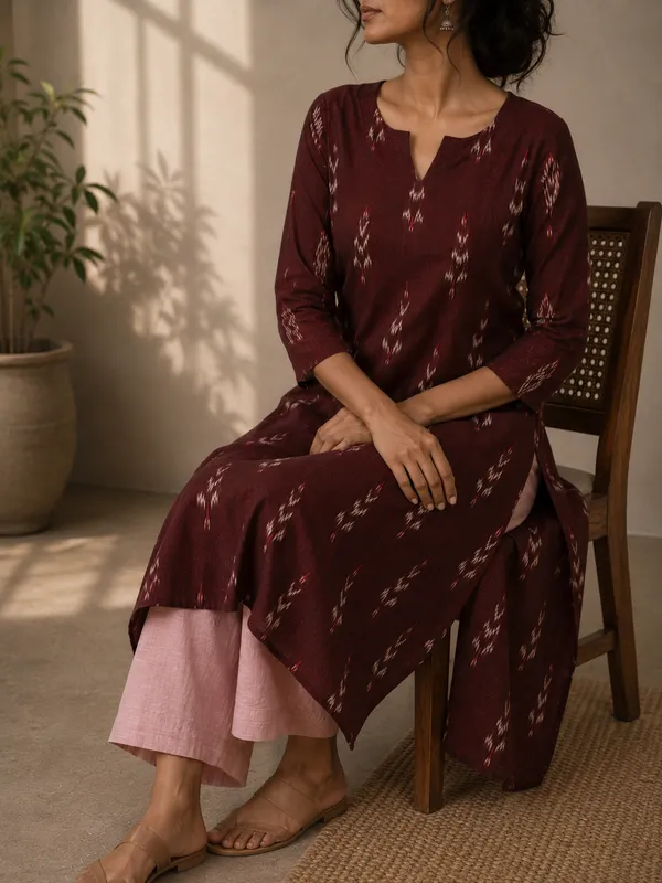 Maroon_Ikkat_Handloom_Cotton_A-Line_Kurta_Set_For_Women