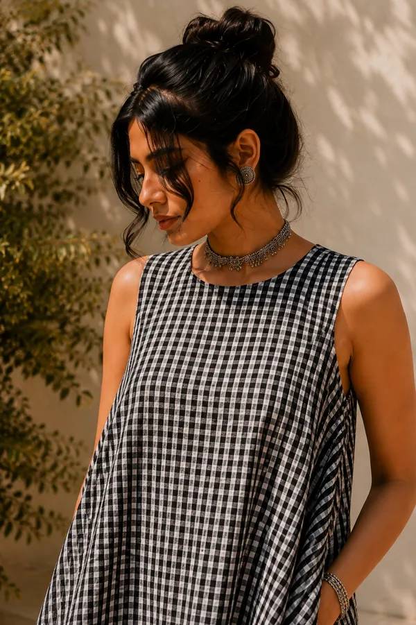 Black_Handloom_Cotton_Sleeveless_Gingham_A-Line_Dress_For_Women