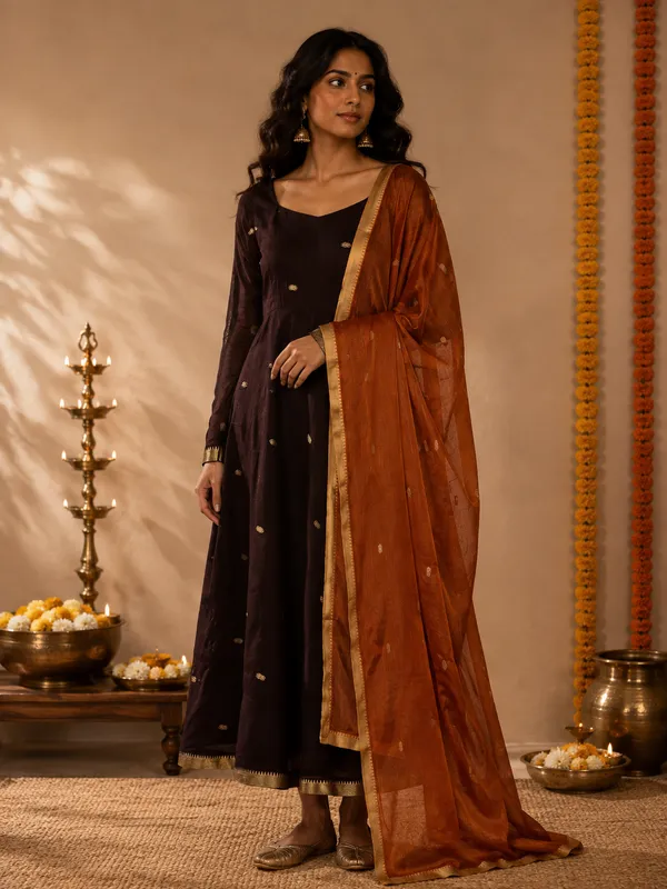 Brown_Handloom_Cotton_Flared_Anarkali_Kurta_Set_For_Women