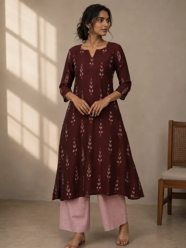Maroon_Ikkat_Handloom_Cotton_A-Line_Kurta_Set_For_Women
