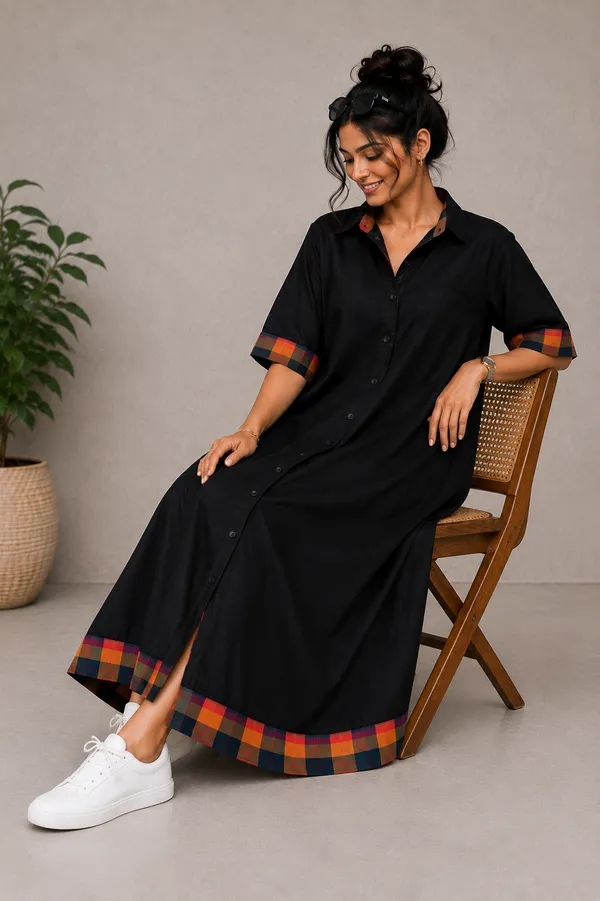 Black_Handloom_Cotton_Relaxed_Fit_Plaid_Trim_Shirt_Dress_For_Women