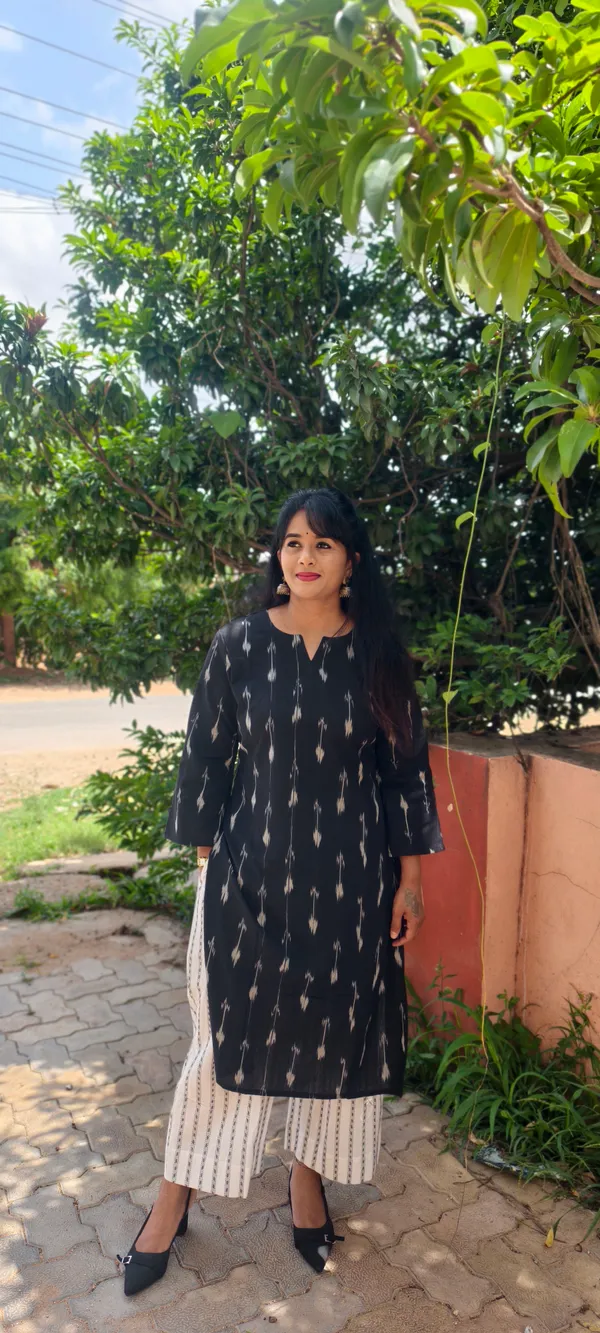 Black_Ikkat_Handloom_Cotton_Straight_Kurta_Set_For_Women