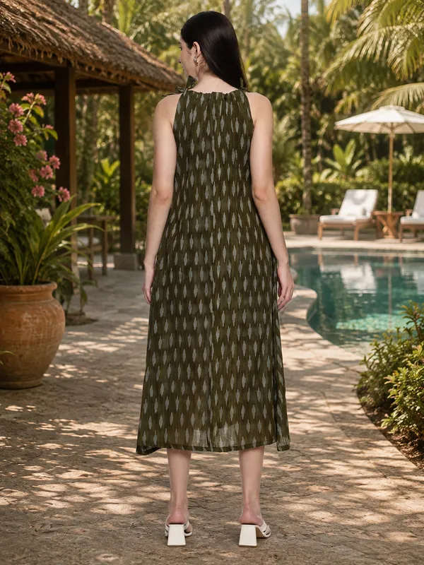 Olive_Ikkat_Handloom_Cotton_A-Line_Halter_Midi_Dress_For_Women