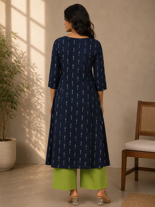 Navy_Blue_Ikkat_Handloom_Cotton_Flared_Kurta_Set_For_Women