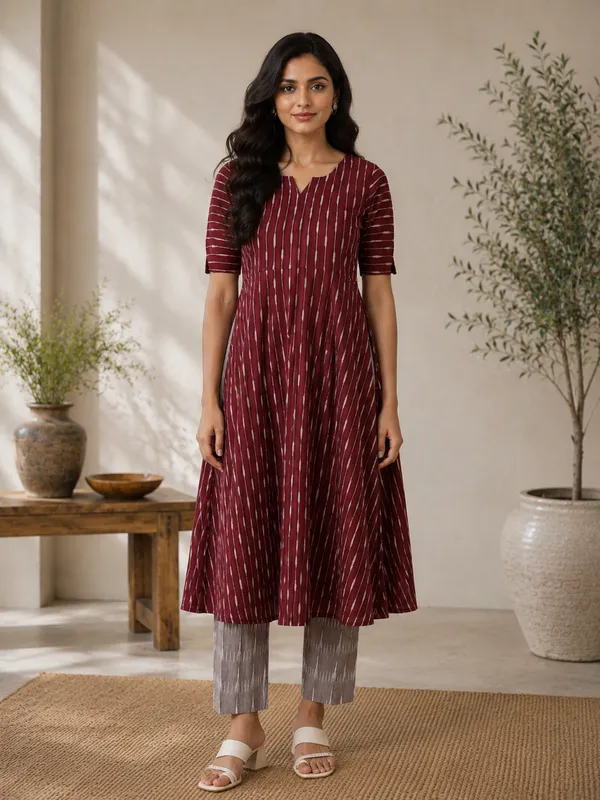 Maroon_Ikkat_Handloom_Cotton_A-Line_Striped_Kurta_Set_For_Women