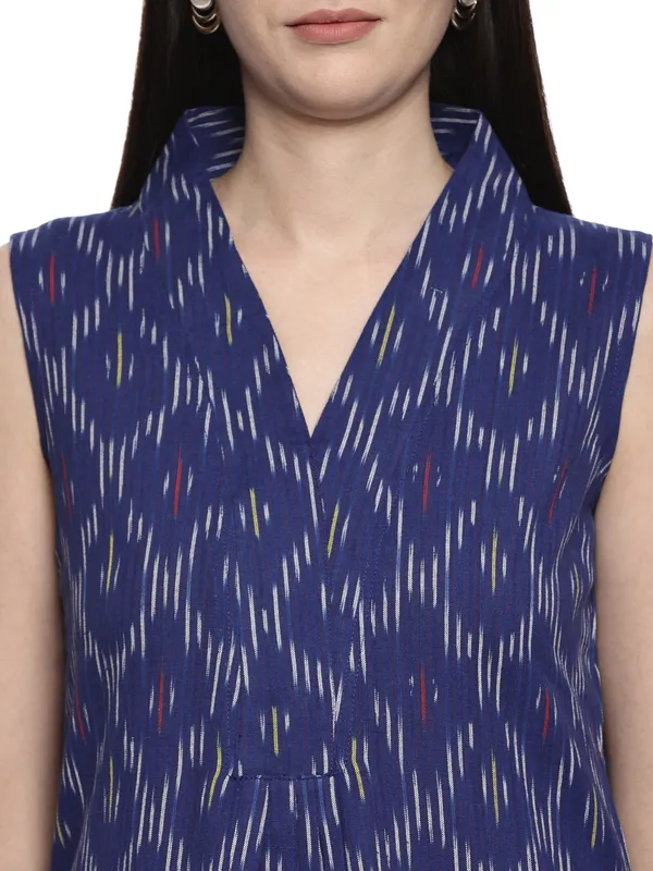 Indigo_Blue_Ikkat_Handloom_Cotton_Sleeveless_Pleated_Dress_For_Women