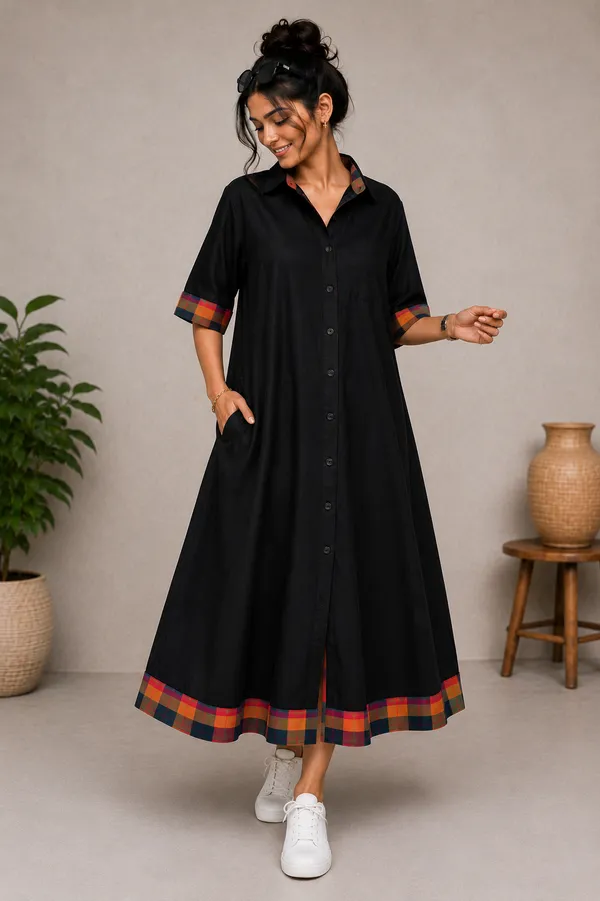 Black_Handloom_Cotton_Relaxed_Fit_Plaid_Trim_Shirt_Dress_For_Women