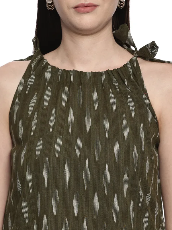 Olive_Ikkat_Handloom_Cotton_A-Line_Halter_Midi_Dress_For_Women