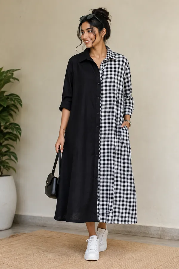 Black_And_White__Checked_Handloom_Cotton_Relaxed_Shirt_Dress_For_Women