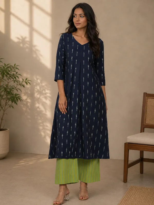 Navy_Blue_Ikkat_Handloom_Cotton_Flared_Kurta_Set_For_Women