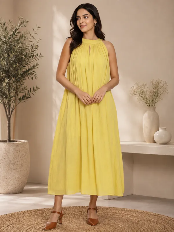 Yellow_Cotton_Sleeveless_A-Line_Pleated_Dress_For_Women