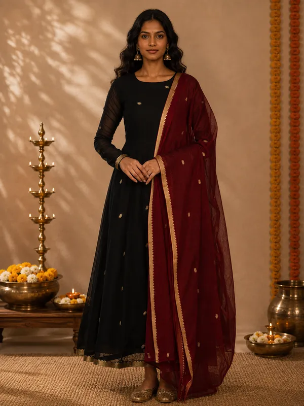 Black_Handloom_Cotton_Flared_Anarkali_Kurta_Set_For_Women