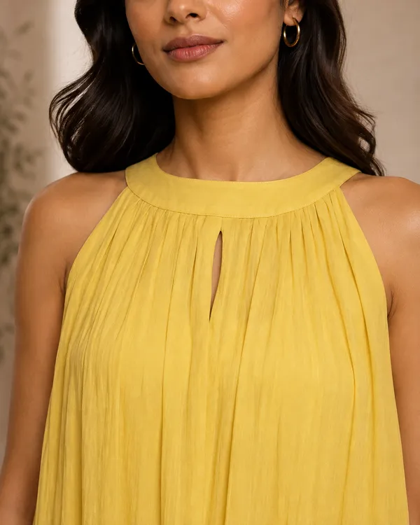Yellow_Cotton_Sleeveless_A-Line_Pleated_Dress_For_Women
