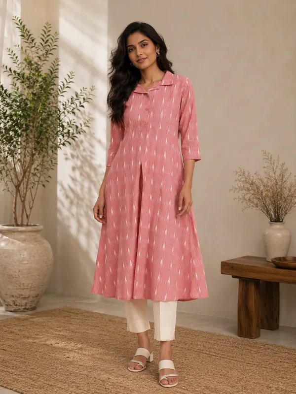 Pink_Ikkat_Handloom_Cotton_A-Line_Kurta_Set_For_Women