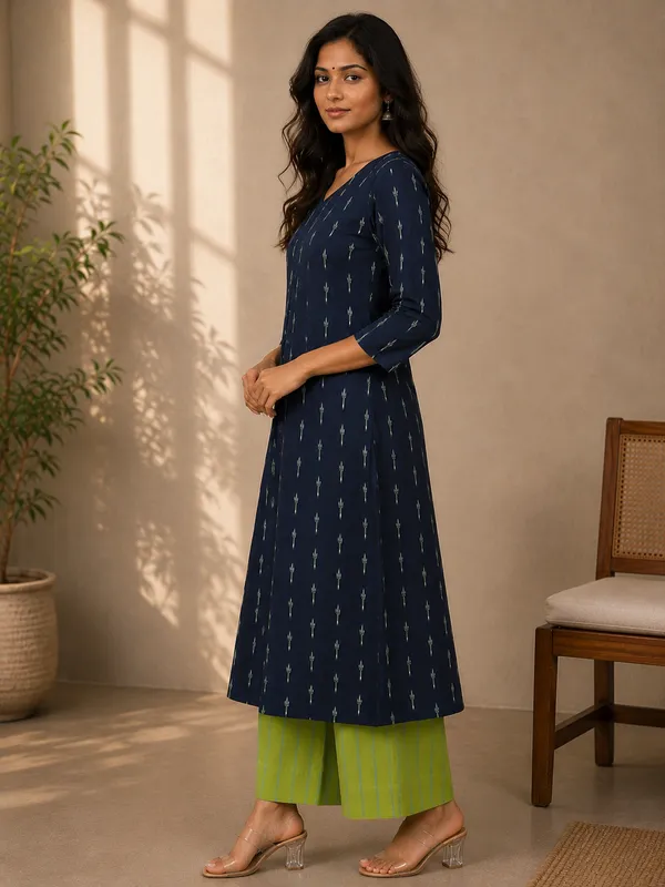 Navy_Blue_Ikkat_Handloom_Cotton_Flared_Kurta_Set_For_Women