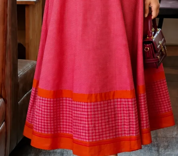 Red_And_Yellow_Ilkal_Handloom_Cotton_Flared_Halter_Neck_Dress_For_Women
