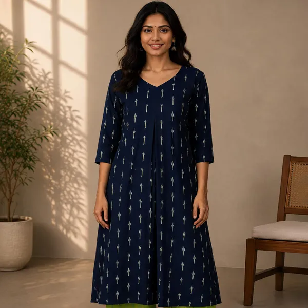 Navy_Blue_Ikkat_Handloom_Cotton_Flared_Kurta_Set_For_Women