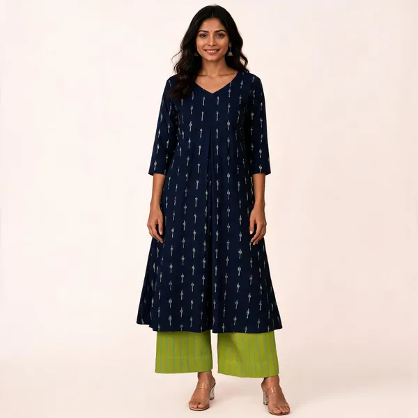 Navy_Blue_Ikkat_Handloom_Cotton_Flared_Kurta_Set_For_Women